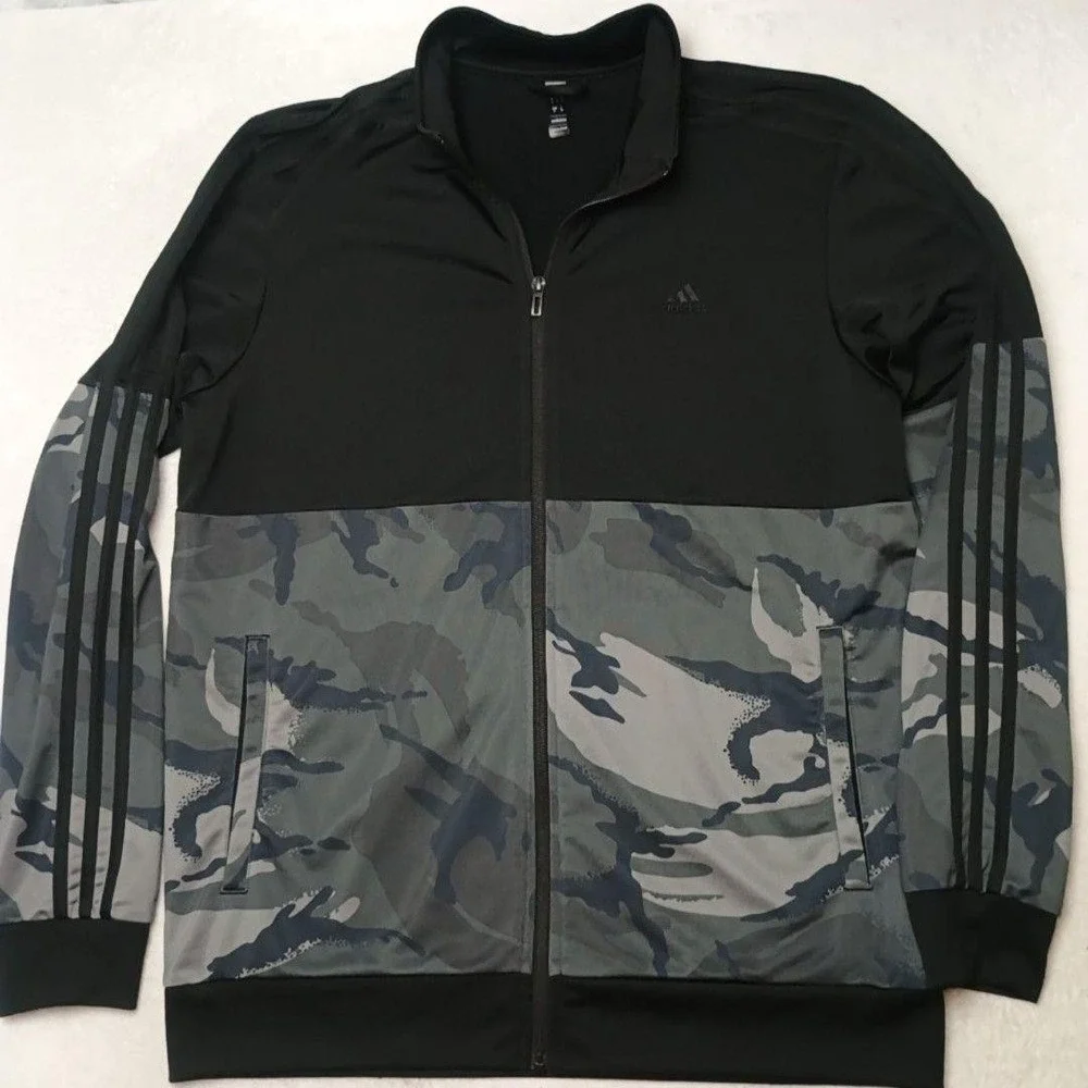 Adidas Sweatshirt Mens L Black Camo Full Zip Essentials Fleece Pockets IM5167